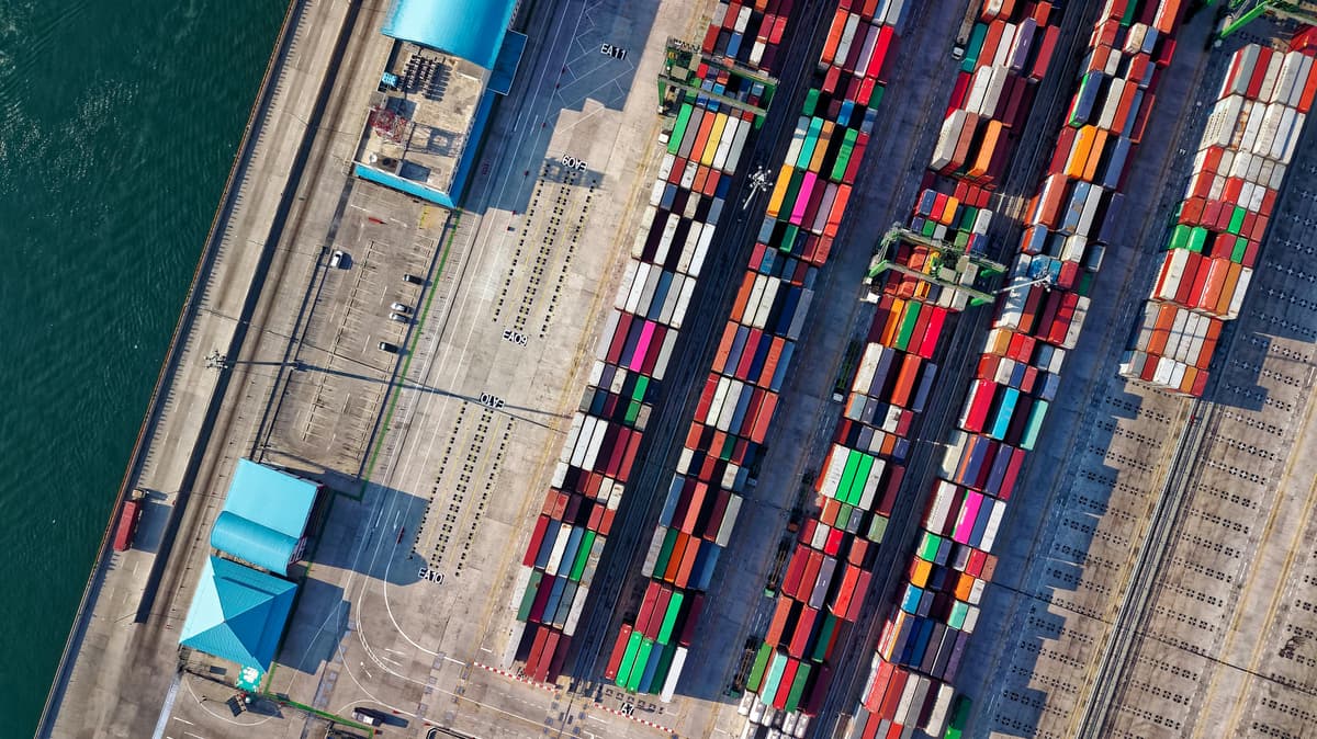 Aerial view of shipping containers at a port